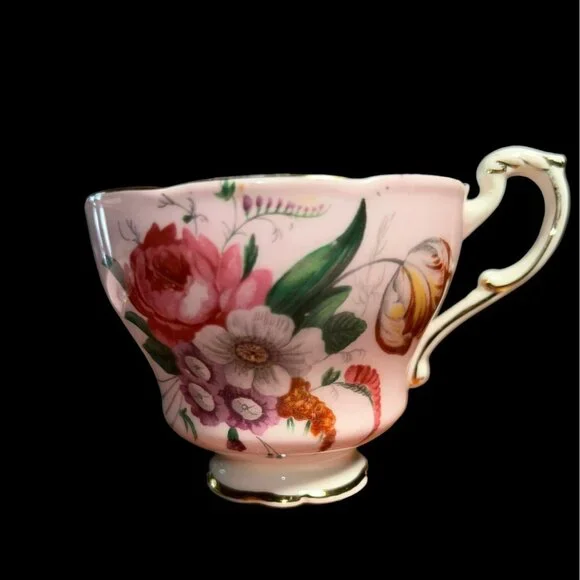 VTG Paragon English Bone China Footed Teacup and Saucer Pink and Floral on White